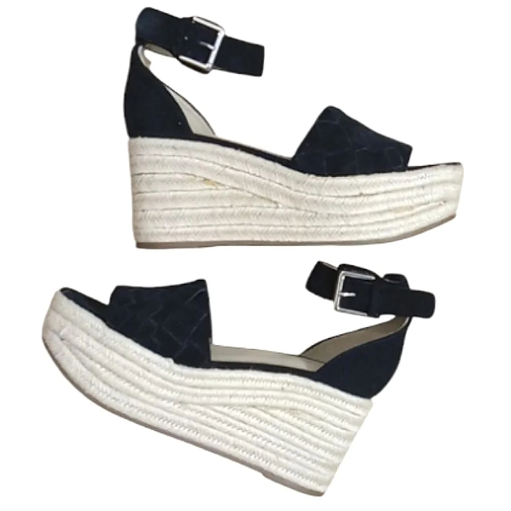 Marc Fisher Varin Espadrille Wedge Sandals Black Suede Open Toe Platforms Sz 8.5